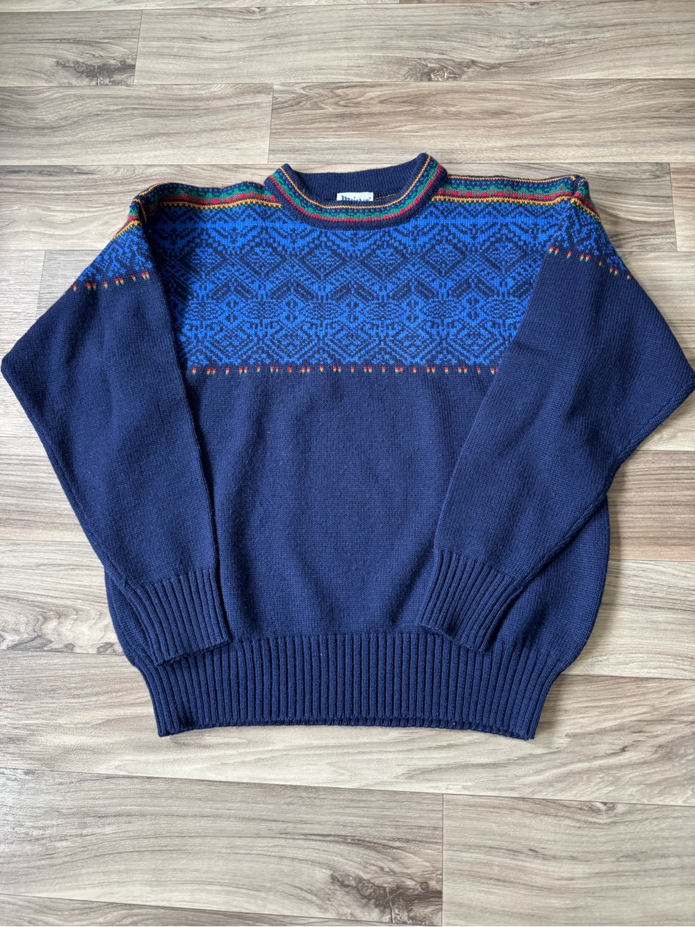 Vintage Meister Blue Fair Isle Wool Knit Sweater Size Large